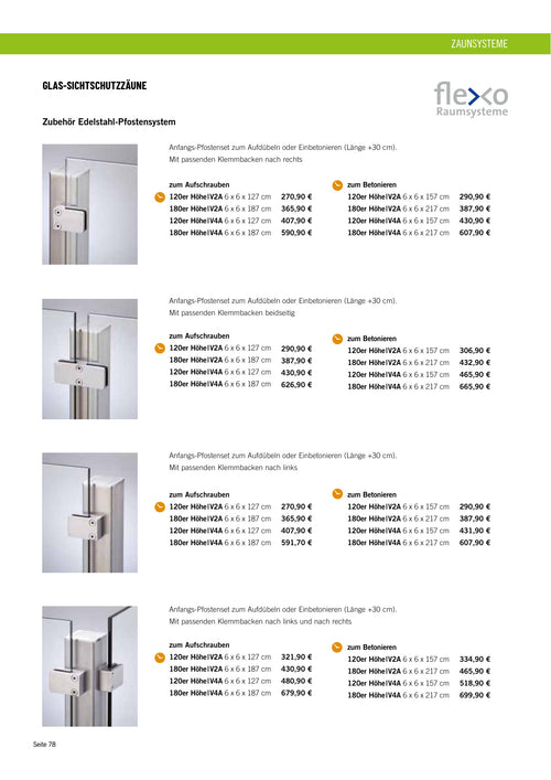 Anfangs-Pfostenset (Klemmbacken beidseitig) - V2A zum Aufschrauben 120er Höhe 6 x 6 x 127 cm, V2A zum Aufschrauben 180er Höhe 6 x 6 x 187 cm