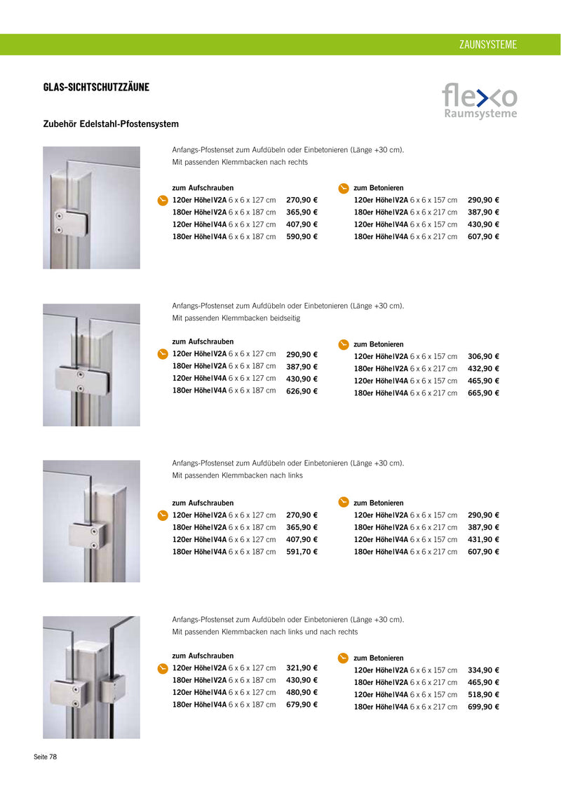 Anfangs-Pfostenset (Klemmbacken beidseitig) - V2A zum Aufschrauben 120er Höhe 6 x 6 x 127 cm, V2A zum Aufschrauben 180er Höhe 6 x 6 x 187 cm