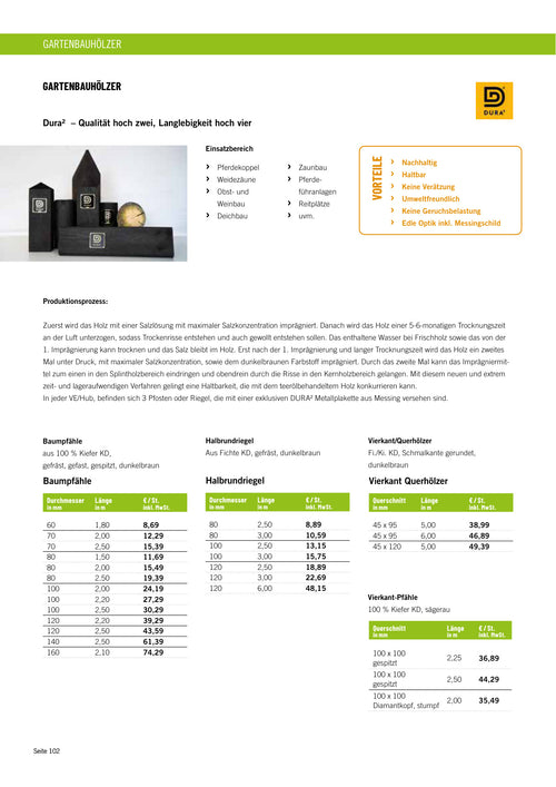 Vierkant-Pfähle Dura² - gespitzt 100 x 100 mm, 2,25 m, gespitzt 100 x 100 mm, 2,50 m